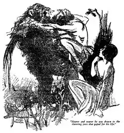 Drawing of a man wrestling with an ape. Blood is gushing from the stump of the ape's right arm. A woman recoils in the foreground.