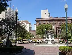View east, showing fountain and lampposts, 2015