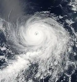 A photograph of a powerful hurricane over the open Pacific Ocean, with long rainbands extending to the south and southwest