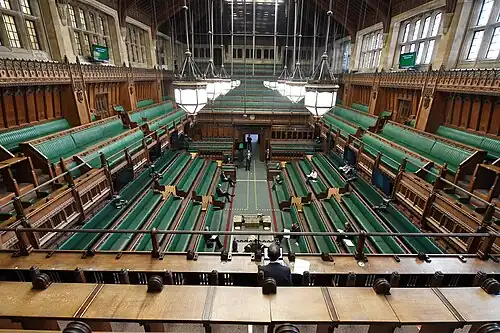 The green benches in the House of Commons of the United Kingdom
