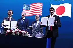 Japan's Ministry of Economy, Trade and Industry Tatsuo Terzawa (left) and US Undersecretary of State Keith Krach (right) sign $10 billion Blue Dot Network energy agreement during the Indo-Pacific Business Forum in Bangkok on 4 November 2019.
