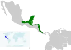 A map of Central America showing the range of the black-cowled oriole as a green strip along the Caribbean coast