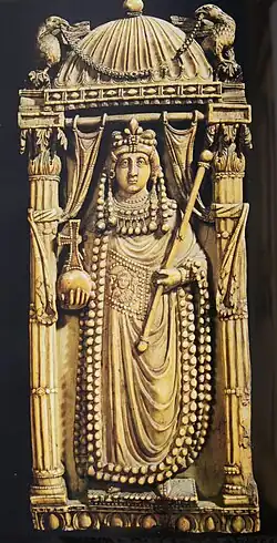 Byzantine festoon at the top of a relief of Empress Ariadne, c.500, ivory, National Bargello Museum, Florence, Italy[6]