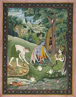 Indian, Rama, Lakshmana, and Sita Cooking and Eating in the Wilderness (c. 1820), gouache and gold on paper, 21.6 × 16.5&nbsp;cm