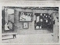 Installation shot of the Matisse room, 1913 Armory Show, published in the New York Tribune (p.&nbsp;7), February 17, 1913. From the left: Le Luxe II, 1907–08, Statens Museum for Kunst, Copenhagen; "Blue Nude (Souvenir de Biskra)", 1907, Baltimore Museum of Art; L'Atelier Rouge, 1911, Museum of Modern Art, New York City