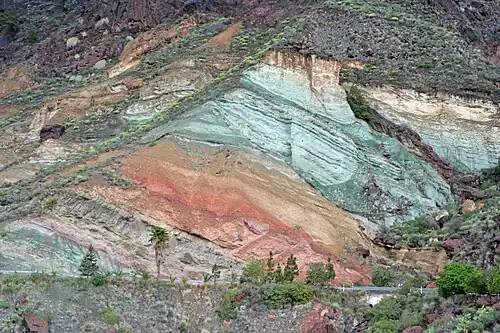 Hydrothermally-altered Miocene intra-caldera tuff layers at Fuente de los Azulejos near Tasarte, Gran Canaria[300]