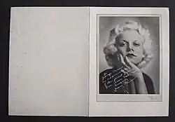 Invitation by Cannons of Hollywood to his studio opening at 1 Dover Street, London, Front cover with photograph by Cannons of Hollywood of Jean Harlow