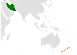 Map indicating locations of Iran and New Zealand