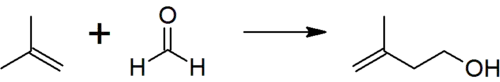 The reaction of isobutene with formaldehyde to give isoprenol, the first step in the industrial manufacture of prenol.