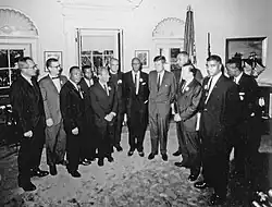 Image 6Kennedy meets with march leaders. Left to Right – Willard Wirtz, Matthew Ahmann, Martin Luther King Jr., John Lewis, Rabbi Joachin Prinz, Eugene Carson Blake, A. Philip Randolph, President John F. Kennedy, Vice President Lyndon Johnson, Walter Reuther, Whitney Young, Floyd McKissick, Roy Wilkins (not in order) (from March on Washington)