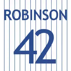 The number "42" with "ROBINSON" above in blue lettering set against a white background with blue pinstripes