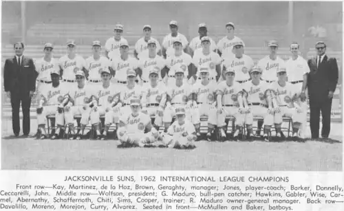 Baseball players, some standing, some sitting, posing for a photograph on a baseball field