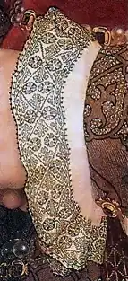 Blackwork embroidery in Holbein stitch. Detail of portrait of Jane Seymour by Holbein, 1537.