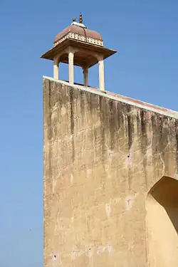 The Giant Sundial of Jantar Mantar in Jaipur, India, stands 27m tall. Its shadow moves visibly at 1&nbsp;mm per second. 26°55′29″N 75°49′29″E﻿ / ﻿26.9247°N 75.8248°E﻿ / 26.9247; 75.8248﻿ (The Giant Sundial of Jantar Mantar)