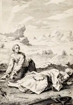 Black and white etching of de Grieux on his knees, beginning to dig, broken sword on the ground, gazing sadly at Manon's body