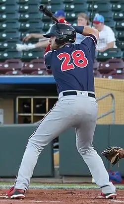 A baseball player in navy and gray