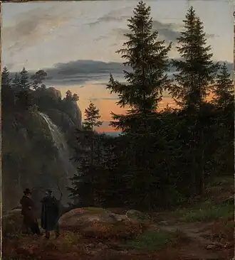 Two Men Before a Waterfall at Sunset (1823)