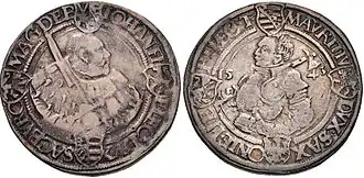 Elector John Frederick the Magnanimous (portrait with electoral sword over his shoulder) and Duke Maurice (portrait with battle axe over his shoulder), Guldengroschen from 1543, Buchholz