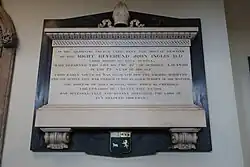In the adjoining church yard, rest the mortal remains of the Right Reverend John Inglis DD, Lord Bishop of Nova Scotia, who departed this life on the 27th of October AD 1850 in the 73rd year of his age.