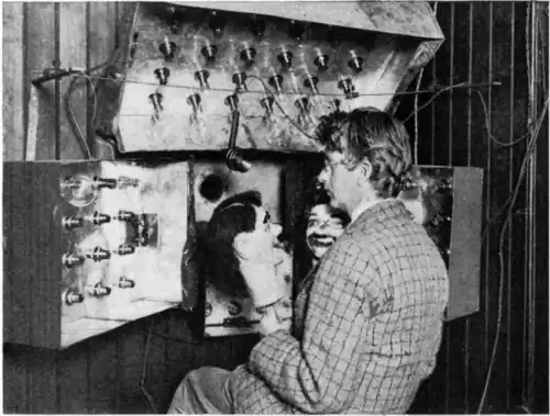 Image 17Baird in 1925 with his televisor equipment and dummies "James" and "Stooky Bill" (right) (from History of television)