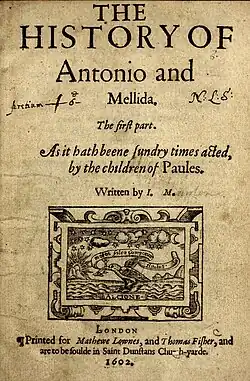 Title page of The History of Antonio and Mellida (1602)
