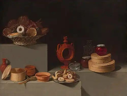 Sweets, pottery, glassware, and wooden containers. Still Life with Sweets and Pottery by Juan van der Hamen; 1627, 85 × 113&nbsp;cm, National Gallery.