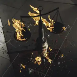 A scale engulfed in flames on a cracked reflective floor