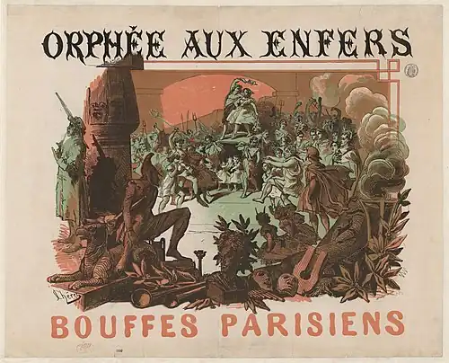 Brightly coloured theatre poster, depicting another party in Hades