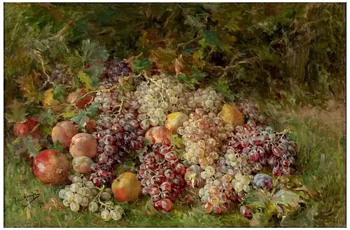 Grapes and landscape painting. Fruits by Julia Alcayde y Montoya; 1926, 72 × 106 cm, Prado Museum.