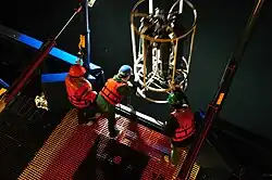 Researchers deploy a CTD-rosette at night.