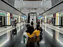 Bench at the Platform Level of the station which was designed by student Chong Chin Sheng as part of a bench design competition.[5]
