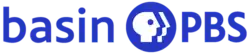 From left: the word "basin" in a thinner blue sans serif, the PBS network logo in blue, and the letters PBS in a bolder sans serif in blue