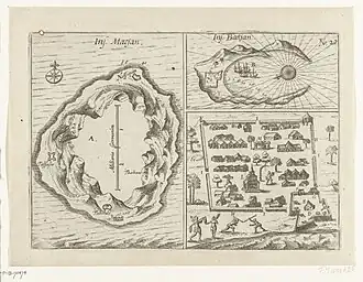 Bacan Island (right), including its settlement. c. 1616