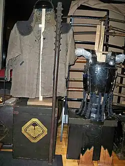 An old Japanese wood club with iron spikes (a kanabō or tetsubō), 4′ 9″ long and 4&nbsp;lb (1.8&nbsp;kg) in weight