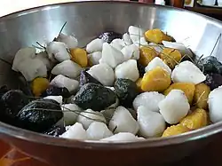 Songpyeon are small rice cakes traditionally eaten during the Korean autumn harvest festival, Chuseok.