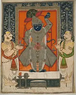 Kota school, Rajasthan, "Priests worshipping Krishna as Shrinathji for Mountain of Food festival (Annakuta utsava), c. 1840, 188.5&nbsp;cm (74.21″) x 144.5&nbsp;cm (56.88″)