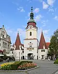 The Krems Steiner Tor. The upper part of the central tower and cupola were added in the Baroque period.