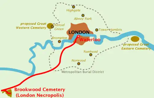 Map of a city surrounded by small cemeteries, and two larger proposed cemeteries slightly further out. A railway line runs from the city to a single large cemetery to the southwest, a long way further out.