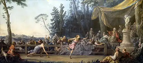Oil painting depicting the footrace between Hippomenes and Atalanta by Noël Hallé, housed in the Louvre Museum
