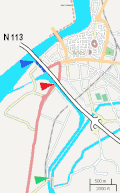 Pont de Langlois (red) and Pont Van Gogh&nbsp;(green); entrance of the canal in 1888 (blue)