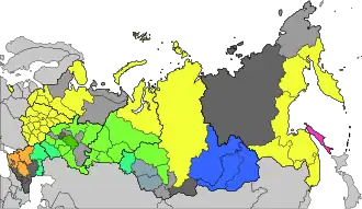 Largest ethnic group apart from Russians: yellow – Ukrainians, lawn green – Tatars, green – Kazakhs, orange – Armenians, blue – Buryats, gray-blue – Germans, pink – Koreans