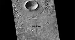 LARLE crater, as seen by CTX LARLE layer that is composed of fine-grained material is labeled. It may be eroded away and a pedestal crater will remain.[17]