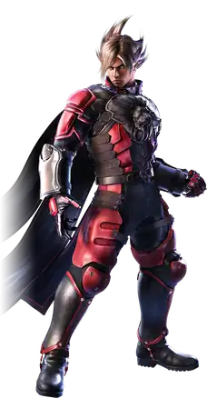 A spiky brown haired man wearing a grey and gold outfit alongside a red cape.