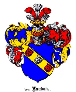 Coat of arms of the Laudon family&nbsp;[de], in the Baltic Coat of arms book by Carl Arvid von Klingspor in 1882.[6]