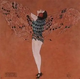 Wiesenthal dancing Johann Strauss II's Frühlingsstimmen. Hand-coloured illustration by Leo Rauth&nbsp;[de], 1910