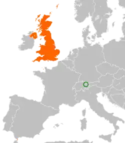 Map indicating locations of Liechtenstein and United Kingdom
