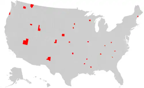 Map of the United States with counties named Lincoln in red