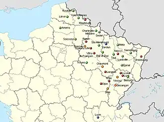 Map of northern France displaying city names where churches are located, with colors indicating when they were established (or incorporated into the FEM)