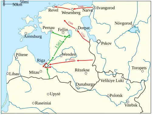 Three Russian campaigns are visible in 1558, 1559 and 1560, all from east to west. One Polish–Lithuanian campaign in 1561 is shown advancing up the central part of Livonia. Refer to the text for details.