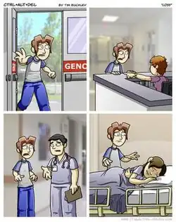 A four panel comic strip named "Loss" which divides the panels through a cross shape. I II II I_. First panel: A man with brunette hair and a short-sleeved T-shirt enters a hospital in a shocked face. Second panel: The man is near the counter. Behind the counter, a woman is pointing her finger somewhere. Third panel: The man is with another man who is a doctor in the hallway. Forth panel: The man found another woman, who is his wife, in her hospital room. The woman is crying in the bed.